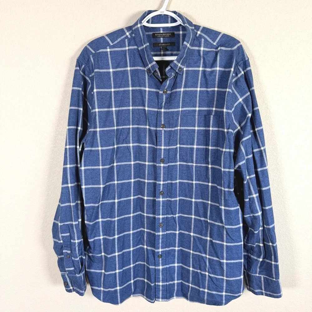 Banana Republic Ultra Soft Flannel Shirt Mens XL Blue Plaid Untucked Slim Fit